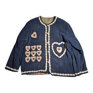 Vtg 1990s Country Lace Navy Blue Chenille Heart Applique Lined Cardigan Sz XL